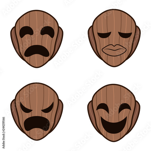 Set of wooden mask statue facial expressions, angry, sad, happy, and flat for emotion icons (emoticons). traditional ethnic tribal masks Cartoon Vector
