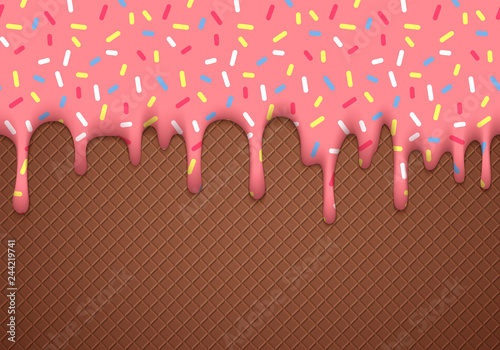 Ice Cream Cone Vector Illustration with Dripping Pink Glaze and Chocolate Wafer Texture. Abstract Food Background