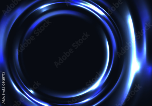 Dark Abstract Neon Background. Vector Blue Glowing Water Ripple. Colorful Circle Frame.