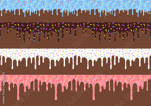 Flowing Glaze with Sprinkles on Wafer Background. Vector Seamless Borders Design