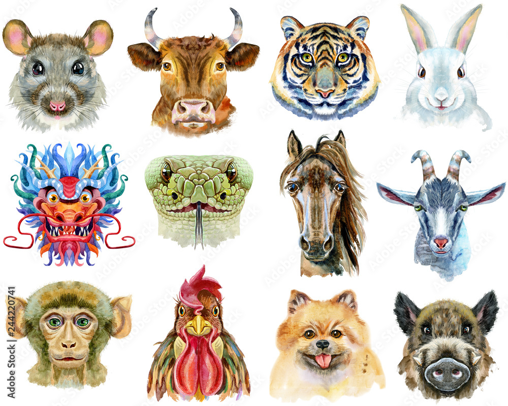 Obraz premium Design watercolor set with twelve chinese zodiac animals