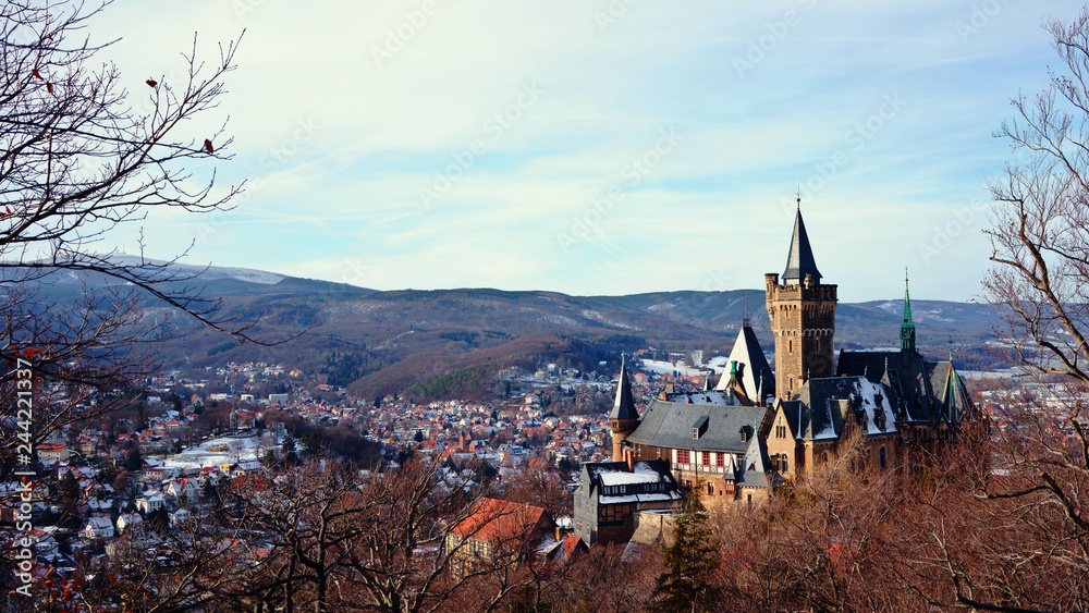 Panorama of Wernigerode and Wernigerode Castle in Saxony-Anhalt, Germany. The picturesque city in the Harz mountains in winter.