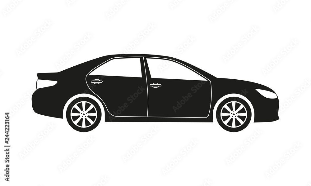 Car or Vehicle icon. Side view. Sedan silhouette. Vector illustration.