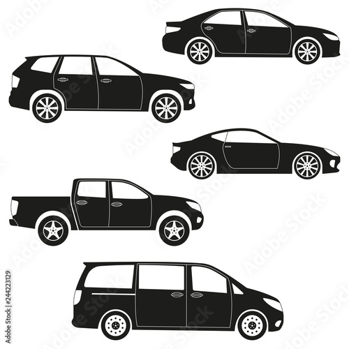 Cars icon set  sedan  suv  van  pickup  coupe  sport car. Side view. Vehicle silhouettes. Vector illustration.