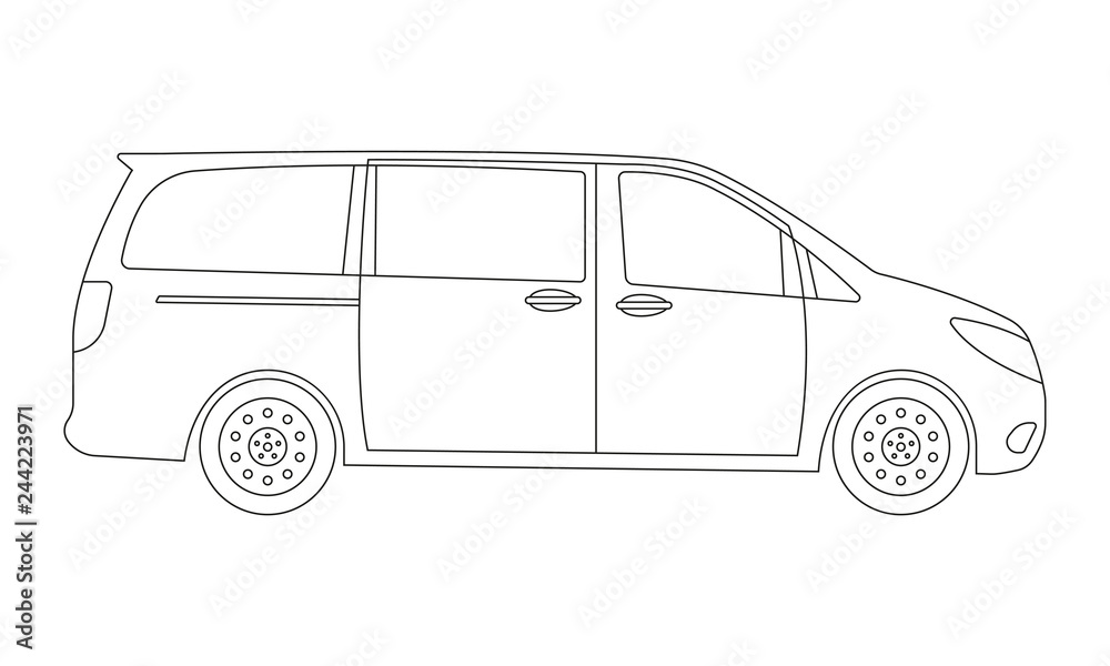 Minivan car outline icon. Side view. Family minibus vehicle silhouette. Black van car. Vector illustration.