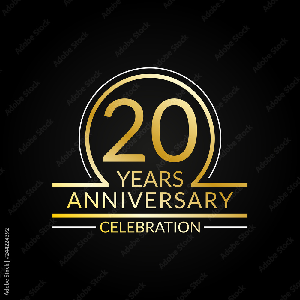 Naklejka premium 20 years anniversary logo. 20th Birthday celebration icon. Party invitation, Jubilee celebrating emblem or banner. Vector illustration.