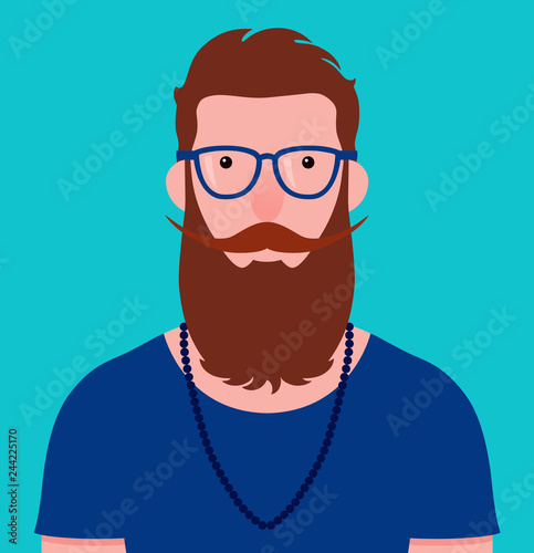 Vector portrait of young bearded hipster with blue shirt and necklace
