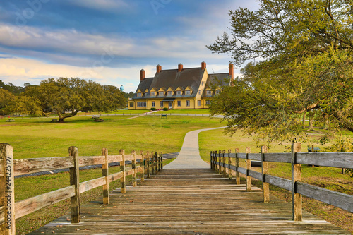 The historic landmark footbridge in Currituck Heritage Park leads to the Whalehead Club. This is located in the Outer Banks of North Carolina. 