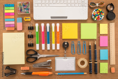 School office supplies on a desk 
