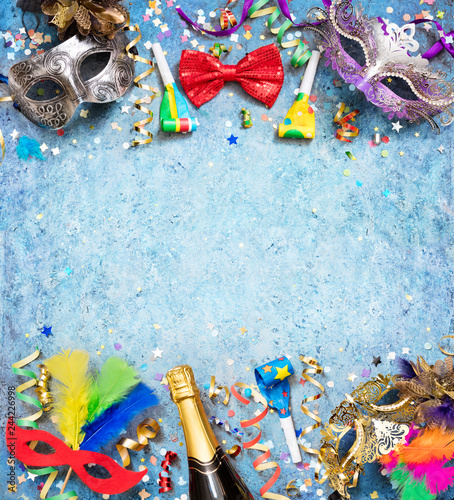Colorful Carnival Background With Streamer Party Confetti And Masks