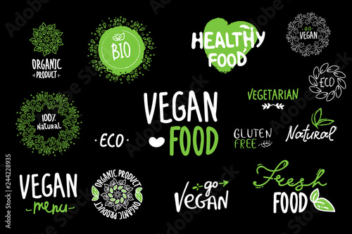 Bio, Ecology, Organic logos and icons, labels, tags. Hand drawn bio healthy food badges, set of raw, vegan, healthy food signs, organic, elements set. go vegan, vegetarian, hand drawing black green