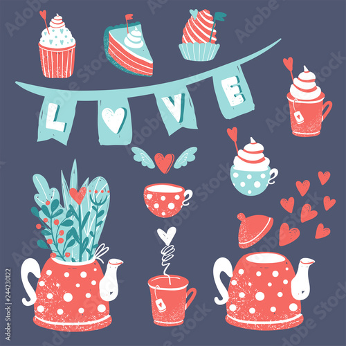 Clipart for Valentine's day go wedding. ute sweets and a teapot with flowers and hearts. Banner with the love capital letters