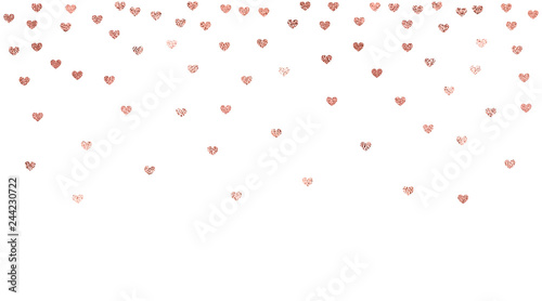 Vector background with rose gold foil confetti hearts isolated on white. Modern element for wedding, celebration, party, anniversary, birthday, Valentine's Day designs.