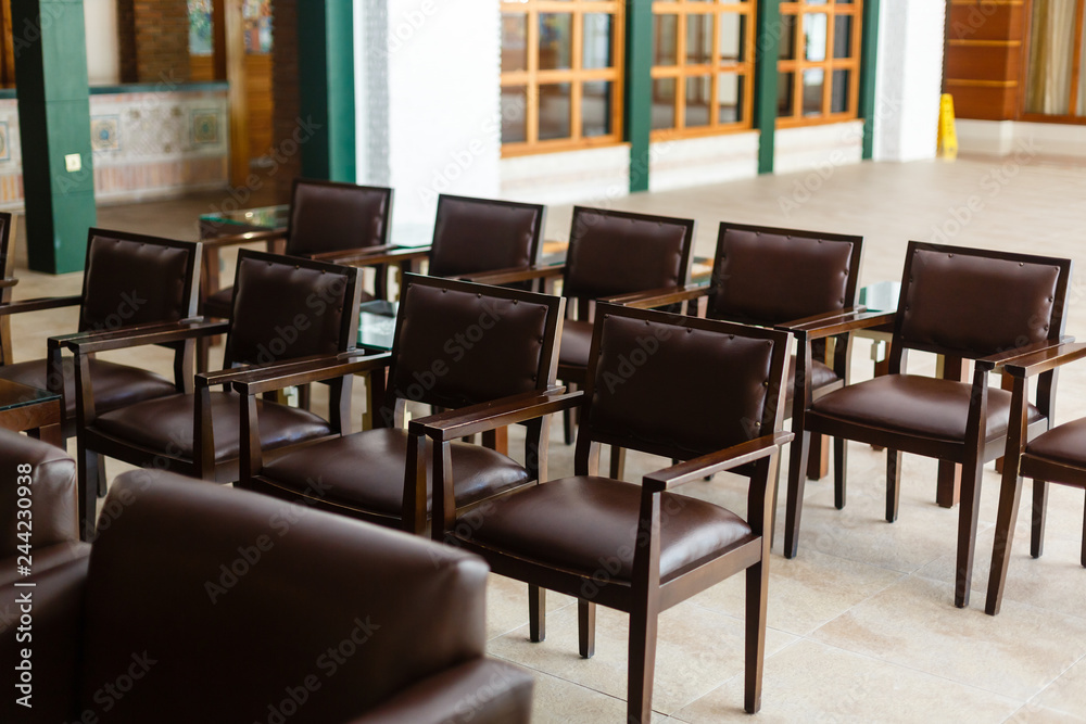 old vintage leather chair, Empty conference room before meeting