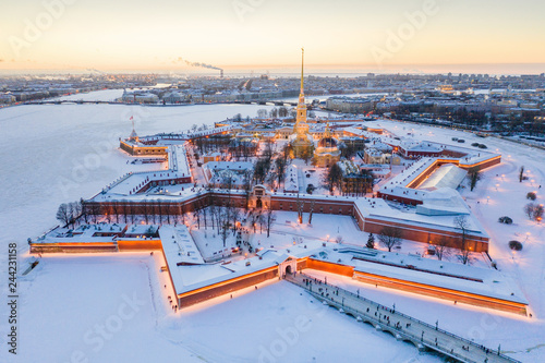 Evening winter aerial view, Peter and Paul Fortress, Neva river, Saint Petersburg, Russia