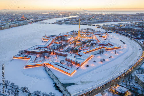 Evening winter aerial view, Peter and Paul Fortress, Neva river, Saint Petersburg, Russia