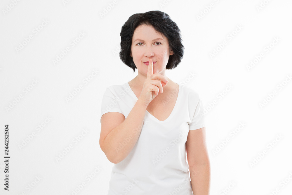 Middle age woman showing shh sign isolated on white background. Summer blank template t shirt. Mock up and copy space. Menopause Middle age woman showing shh sign isolated on white background. Summer blank template t shirt. Mock up and copy space. Menopause