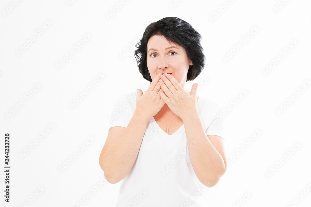 Middle age woman showing shh sign isolated on white background. Summer blank template t shirt. Mock up and copy space. Menopause Middle age woman showing shh sign isolated on white background. Summer blank template t shirt. Mock up and copy space. Menopause