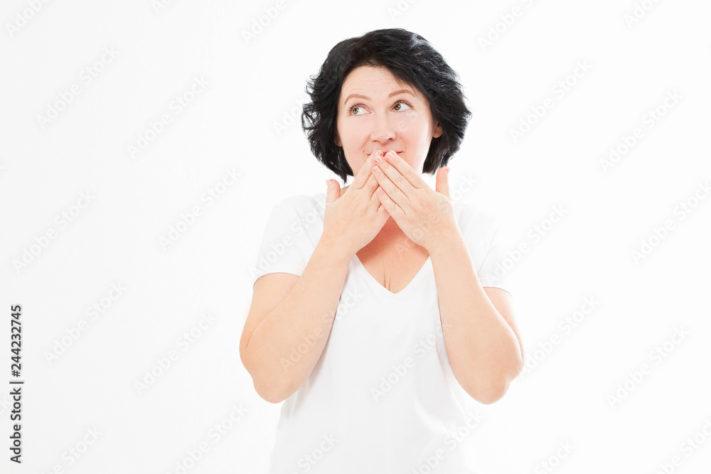Middle age woman showing shh sign isolated on white background. Summer blank template t shirt. Mock up and copy space. Menopause Middle age woman showing shh sign isolated on white background. Summer blank template t shirt. Mock up and copy space. Menopause