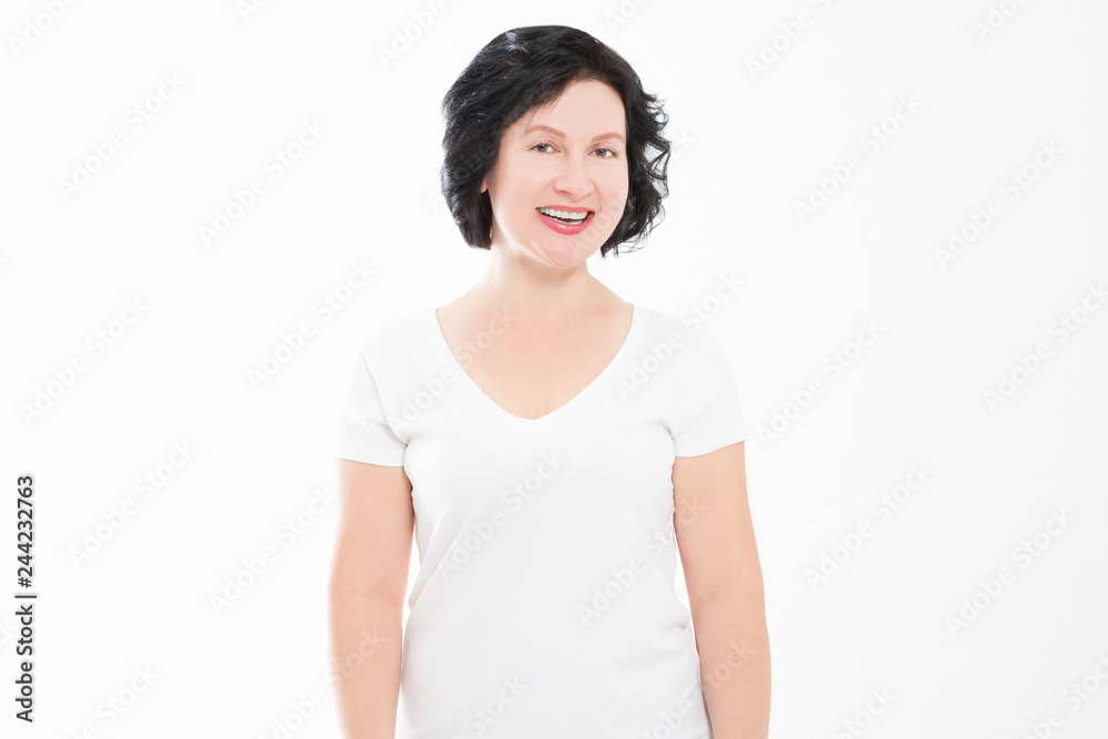 Happy middle age woman in summer blank template t shirt isolated on white background. Copy space. Mock up Happy middle age woman in summer blank template t shirt isolated on white background. Copy space. Mock up
