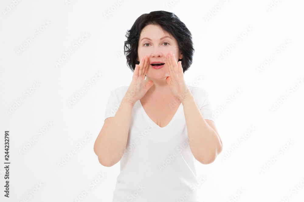 Middle age woman shouting hot news. gossip girl isolated on white background. Summer t shirt template blank. Copy space Middle age woman shouting hot news. gossip girl isolated on white background. Summer t shirt template blank. Copy space