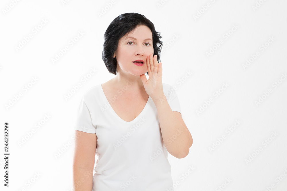 Middle age woman shouting hot news. gossip girl isolated on white background. Summer t shirt template blank. Copy space Middle age woman shouting hot news. gossip girl isolated on white background. Summer t shirt template blank. Copy space