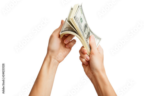 Hands holding a $ 100 bill . Hands holding a lot of money. Hand holding Banknotes. Isolated on white background. Alpha.