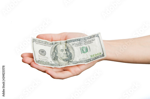 Hands holding money dollars isolated on white background.Beggar hand with $ 100 on a white background. Alpha. 