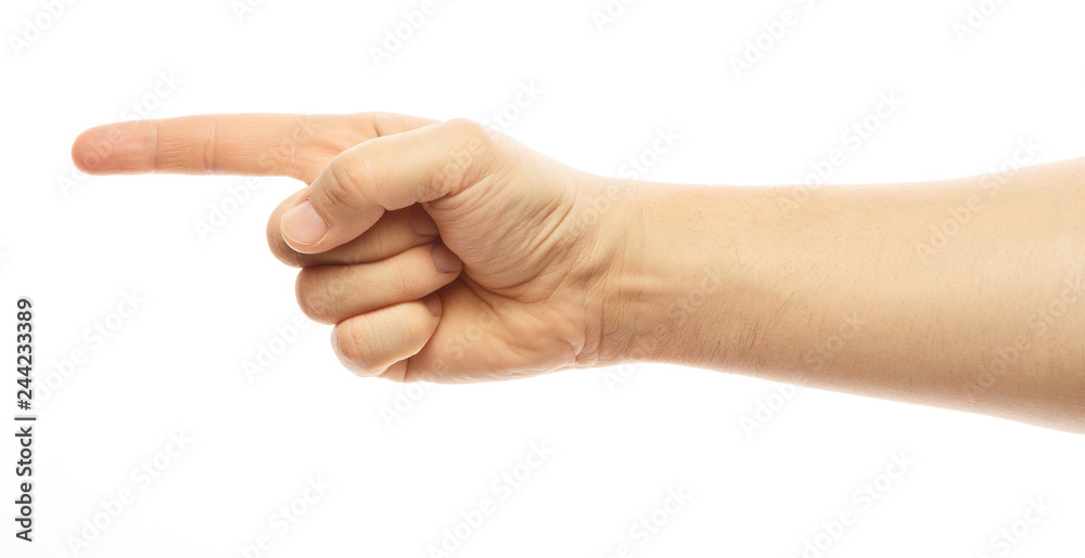 Hand finger pointing. Closeup of male hand pointing. Isolated on white background. Alpha Hand finger pointing. Closeup of male hand pointing. Isolated on white background. Alpha