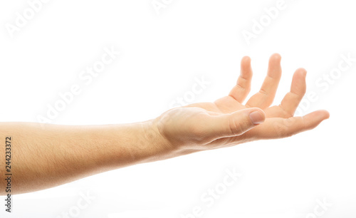 Empty man's hand, palm up on an isolated white background. Man hand isolated on white background, hold, grab or catch. Palm up. Alpha