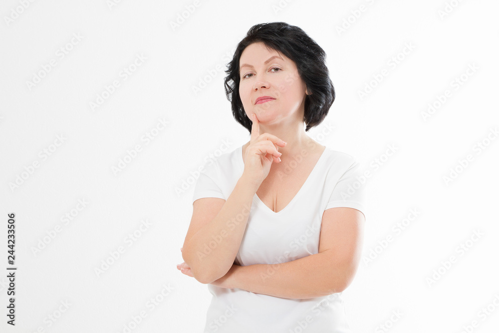 Aging middle age upset arrogant woman with wrinkles on face isolated. Stress and menopause. Copy space. Aging middle age upset arrogant woman with wrinkles on face isolated. Stress and menopause. Copy space.