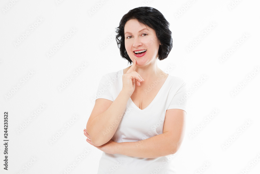 Middle age woman with perfect white teeth smile isolated on white background. Dental medicine and wrinkle skin care concept. Copy space Middle age woman with perfect white teeth smile isolated on white background. Dental medicine and wrinkle skin care concept. Copy space