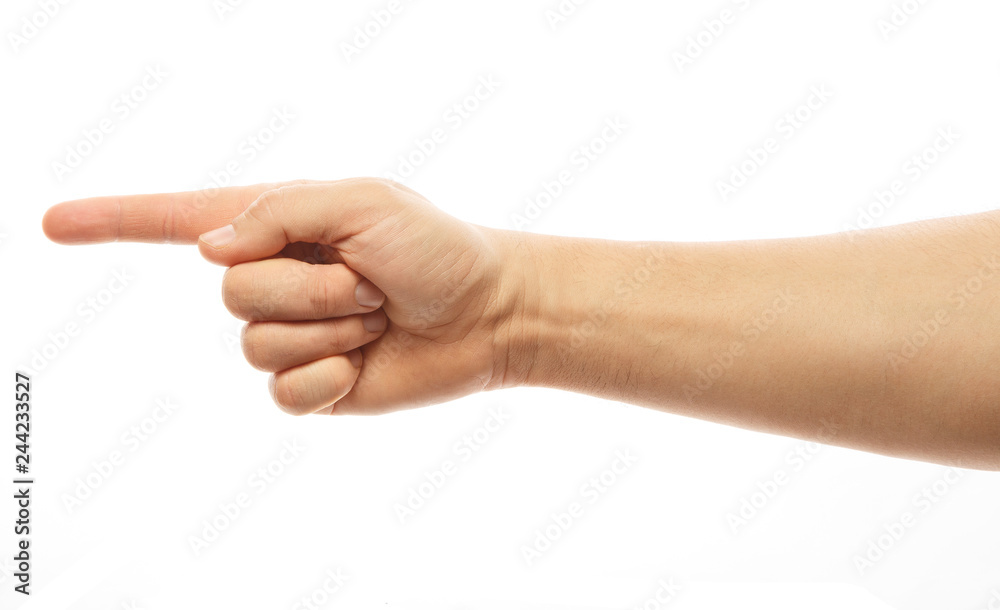 Hand finger pointing. Closeup of male hand pointing. Isolated on white background. Alpha Hand finger pointing. Closeup of male hand pointing. Isolated on white background. Alpha