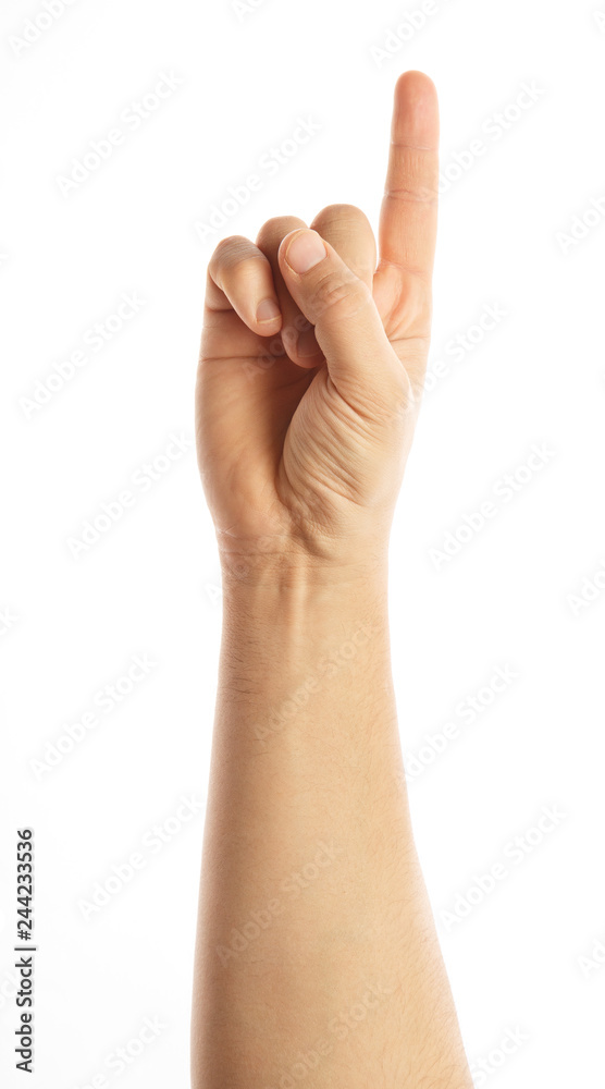 Hand pointing up 1 fingers. 1. Alpha Hand finger pointing. Closeup of male hand pointing. Isolated on white background. Alpha Hand pointing up 1 fingers. 1. Alpha Hand finger pointing. Closeup of male hand pointing. Isolated on white background. Alpha