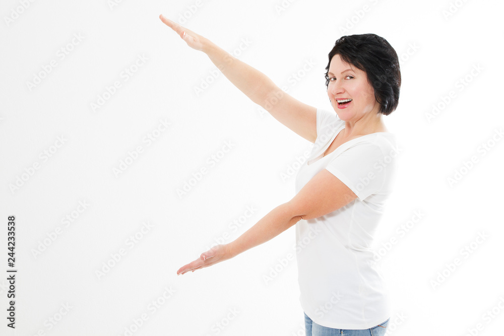 Middle age woman showing copy space by hands. asian woman isolated on white background. Advertising hand concept. Korean beauty Middle age woman showing copy space by hands. asian woman isolated on white background. Advertising hand concept. Korean beauty