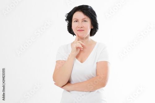 Aging middle age upset woman with wrinkles on face isolated. Stress and menopause. Copy space.