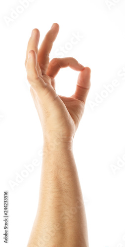 Male hand show OK sign, isolated with clipping path on white background. Yoga hand female isolated on white background. Mudra hands. Alpha.