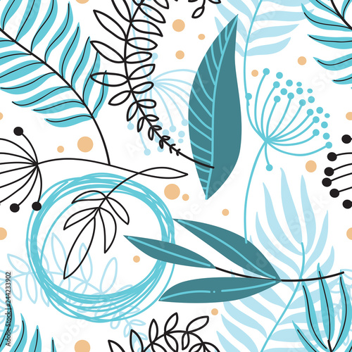 Beautiful hand drawn plants seamless pattern. Floral illustration