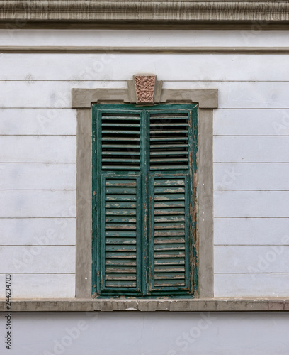 A green window blind with beautiful lines on a building in baroque style