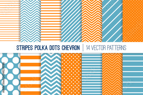 Turmeric Orange, Blue and White Polka Dot, Chevron and Diagonal and Horizontal Stripes Vector Patterns. Modern Minimal Backgrounds. Various Size Spots and Lines. Tile Swatches Included.