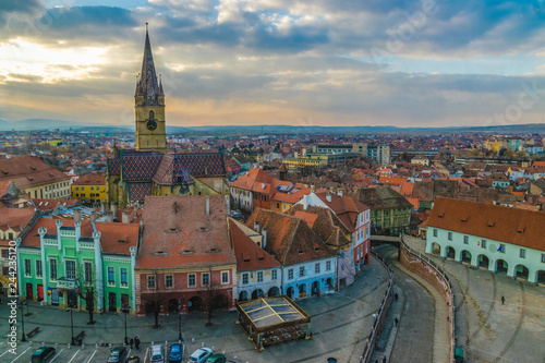 View to the Little Square and the Sibiu Lutheran Cathedral in the Transylvania region, Sibiu, Romania