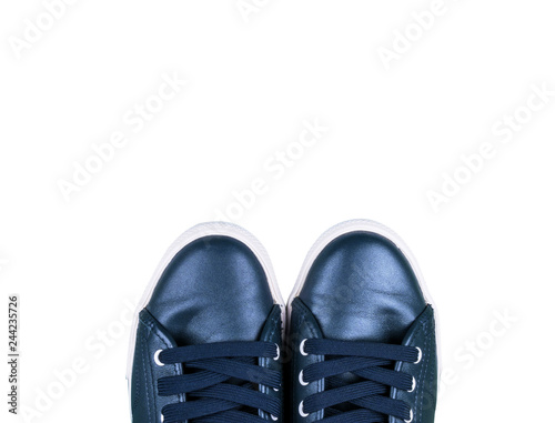 Overhead view of blue sports shoes isolated on white background Empty space for text copy space. Shoe. Sports Shoe. Top view