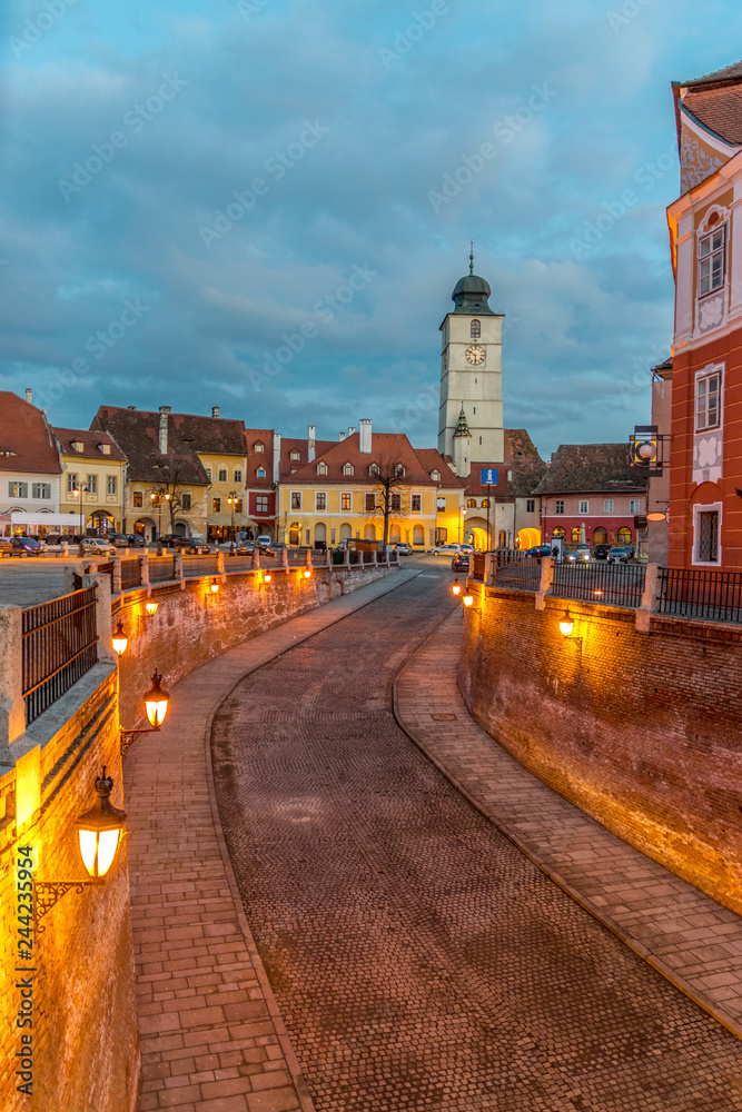 View to the Little Square and the Council Tower of Sibiu, Romania