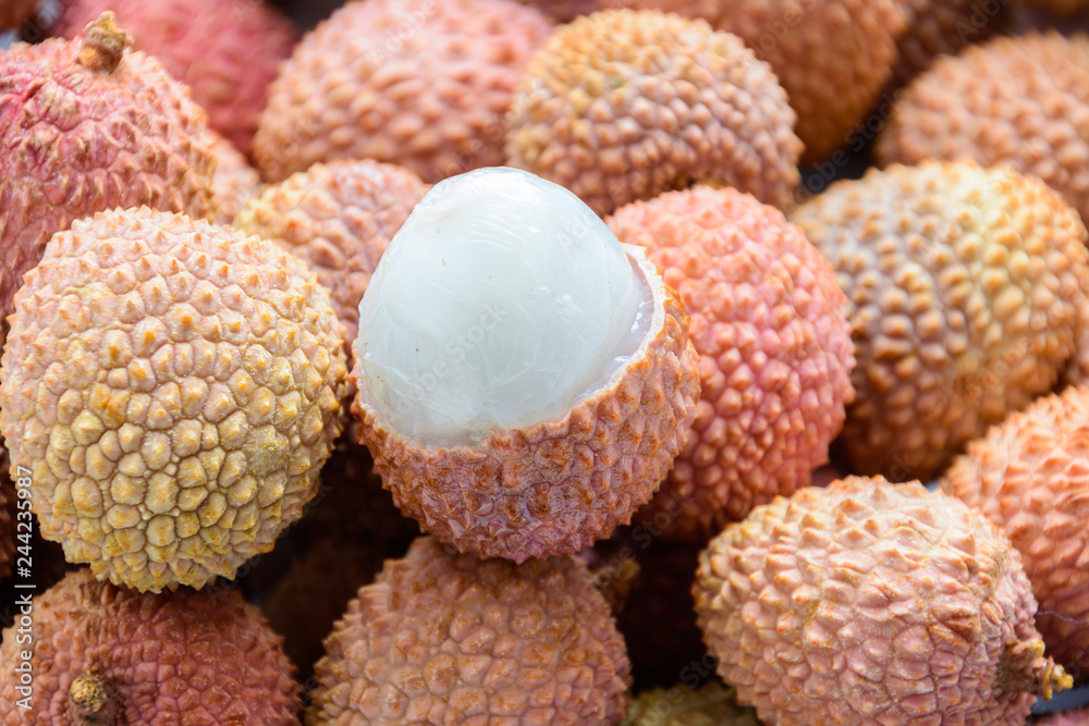 Lychee (LEE-chee; Litchi chinensis) is the sole member of the genus Litchi  in the soapberry family, Sapindaceae. Ripe lychee without shell. Tropical  fruit. Stock Photo | Adobe Stock