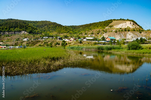 lake, water, Zhiguli, mountains, village, Shiryaevo, forest, trees, grass, greenery, reflection, blue, sky, nature, space, walk