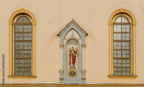 Virgin Mary statue on a Catholic Church facade  in Sibiu  Romania