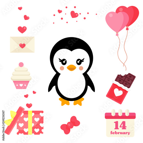 valentines day cartoon penguin with valentines elements