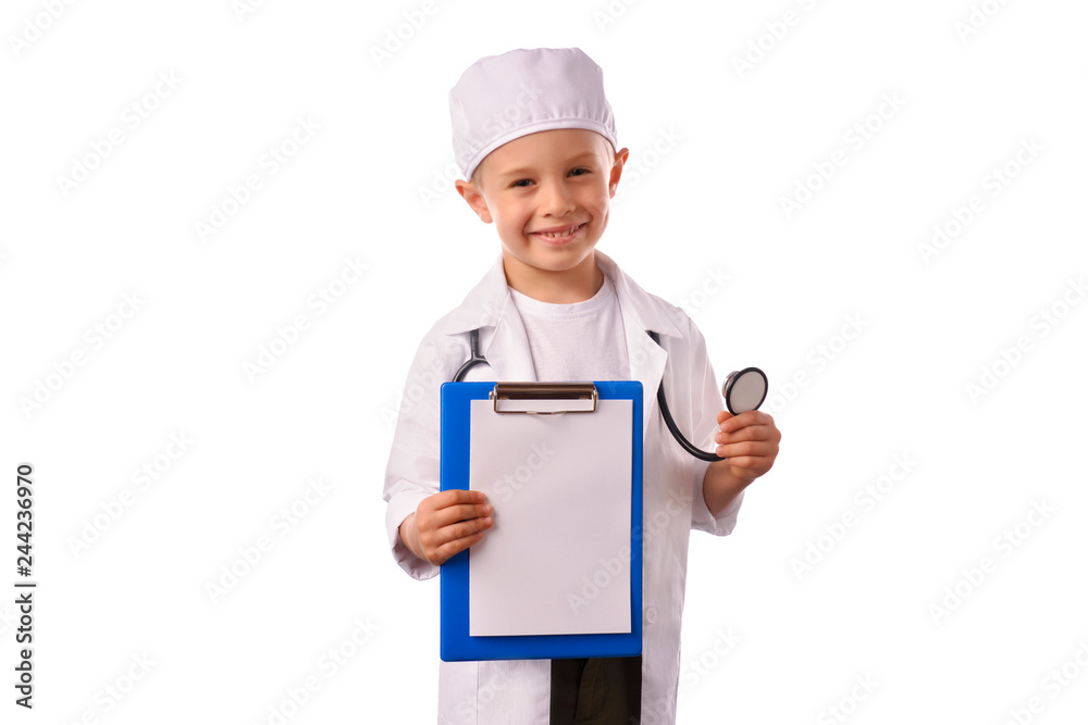A little, smiling boy doctor in medical uniform, isolated on white, with stethoscope on the neck, reminds you about health care and healthy lifestyle. Waist up portrait, looking at camera. A little, smiling boy doctor in medical uniform, isolated on white, with stethoscope on the neck, reminds you about health care and healthy lifestyle. Waist up portrait, looking at camera.