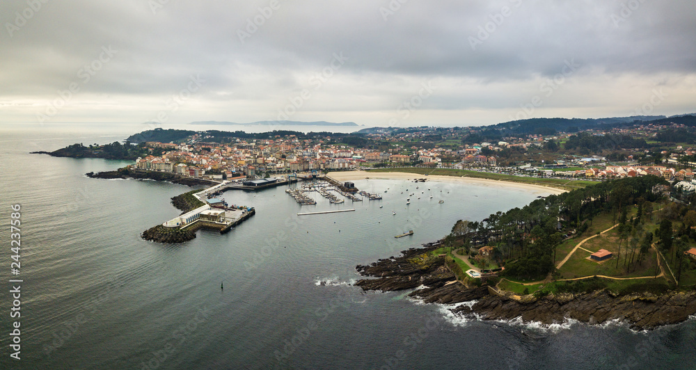 Aerial view of Portonovo harbor at dusk, Galicia