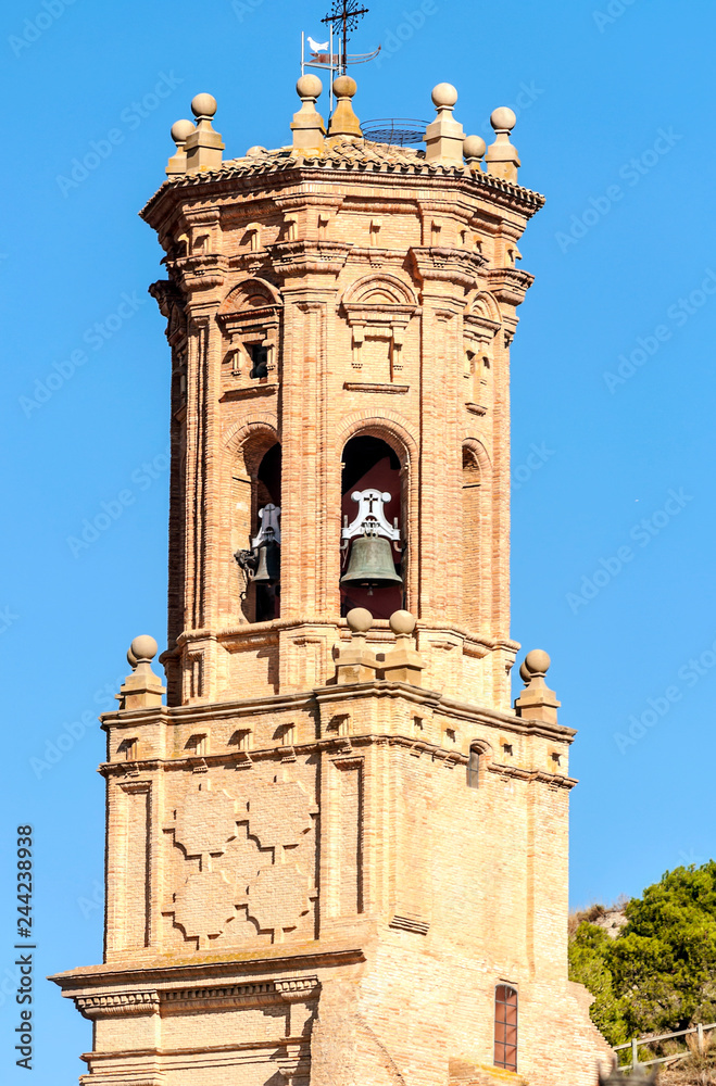 Fototapeta premium Belfry of a Mudejar church located in La Rioja in Spain on a sunny day.